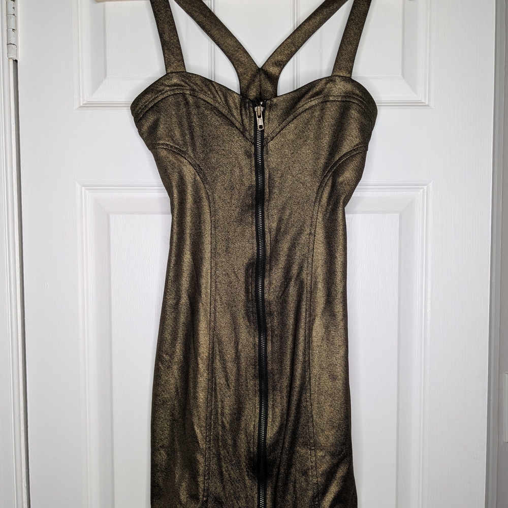 MPBlack METROPARK Gold Lamé Bodycon Front-Zip Mini Cocktail Dress sz XS
